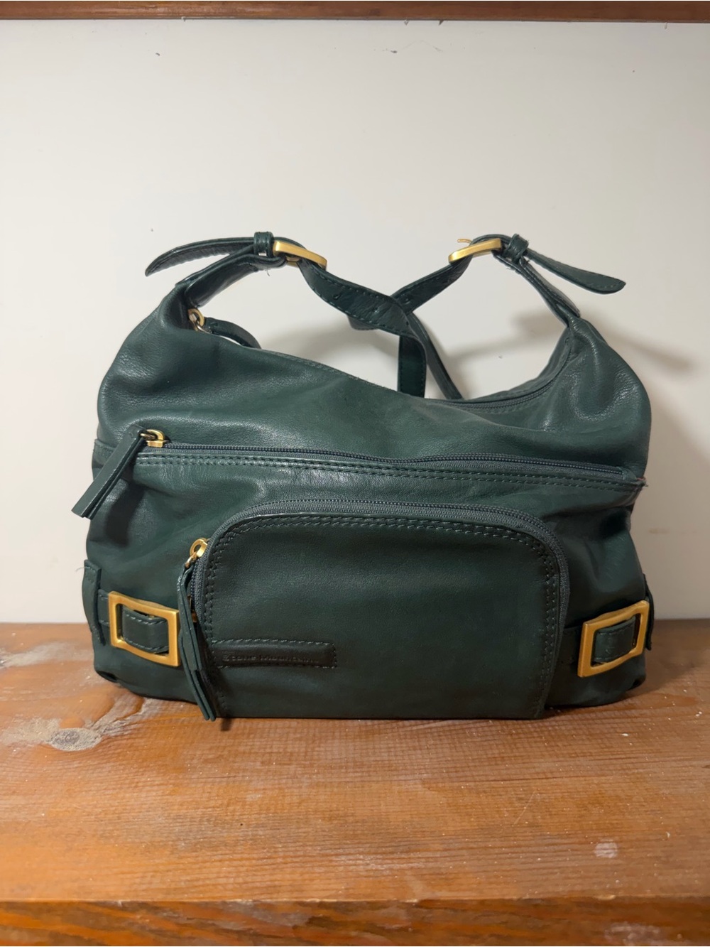 Stone Mountain Accessories Dark Green Leather Shoulder Bag with Gold Accents